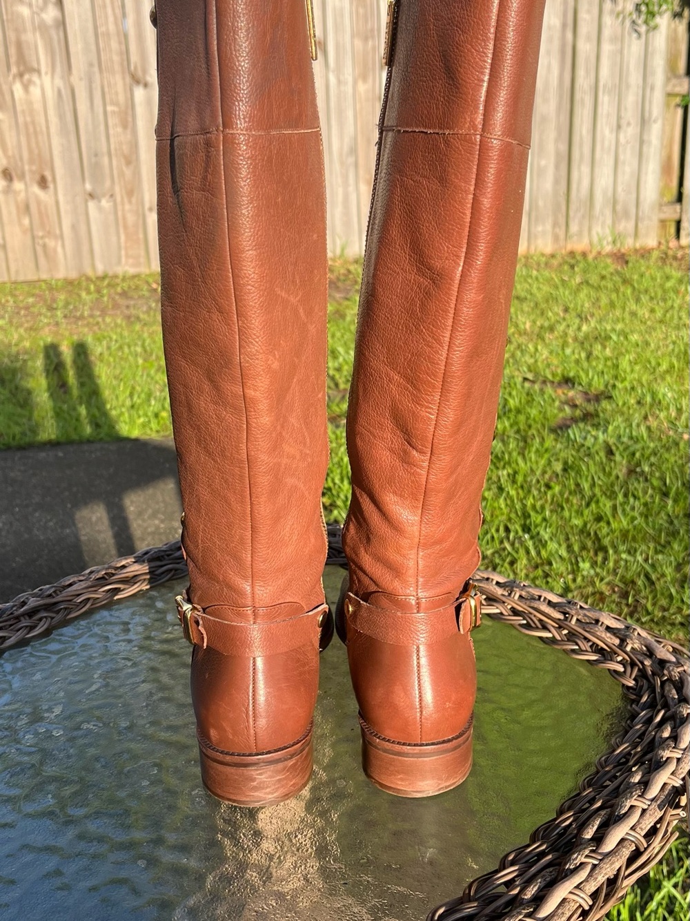 Michael Kors Tall Brown Leather Riding Boots Women Size 9 Gold Hardware - Picture 6 of 8